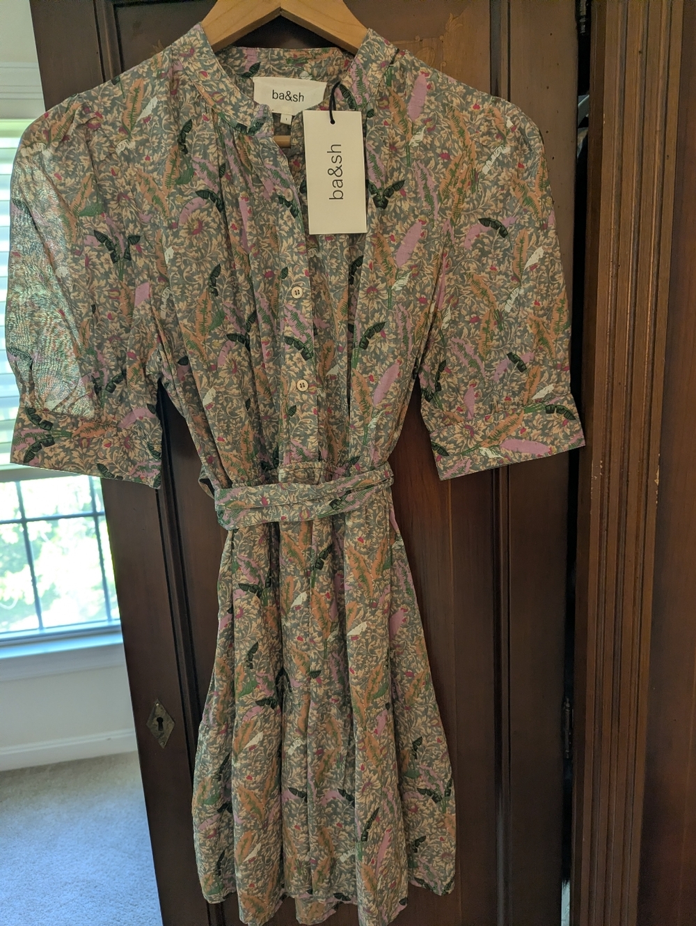 ba&sh Pink and Green Floral Dress with Belt